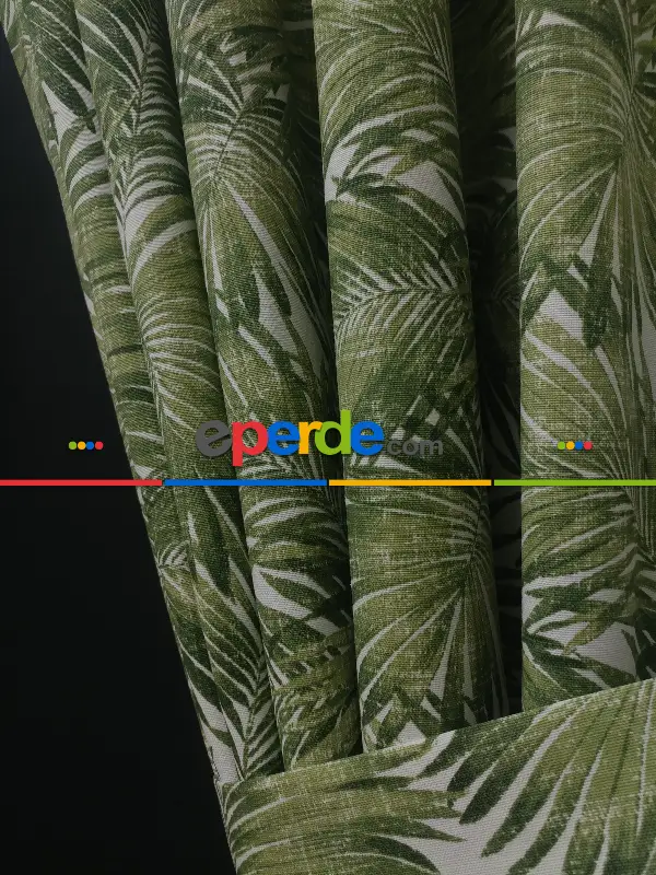 Salon Fon Perde - Tropikal Yaprak Desenli Fon Perde(leke Tutmaz)- Yeşil