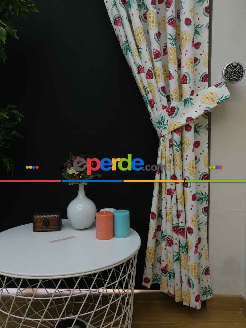 Karpuz-ananas-çilek Desenli Fon Perde (leke Tutmaz )- Kırmızı-açık Yeşil-hardal Sarısı