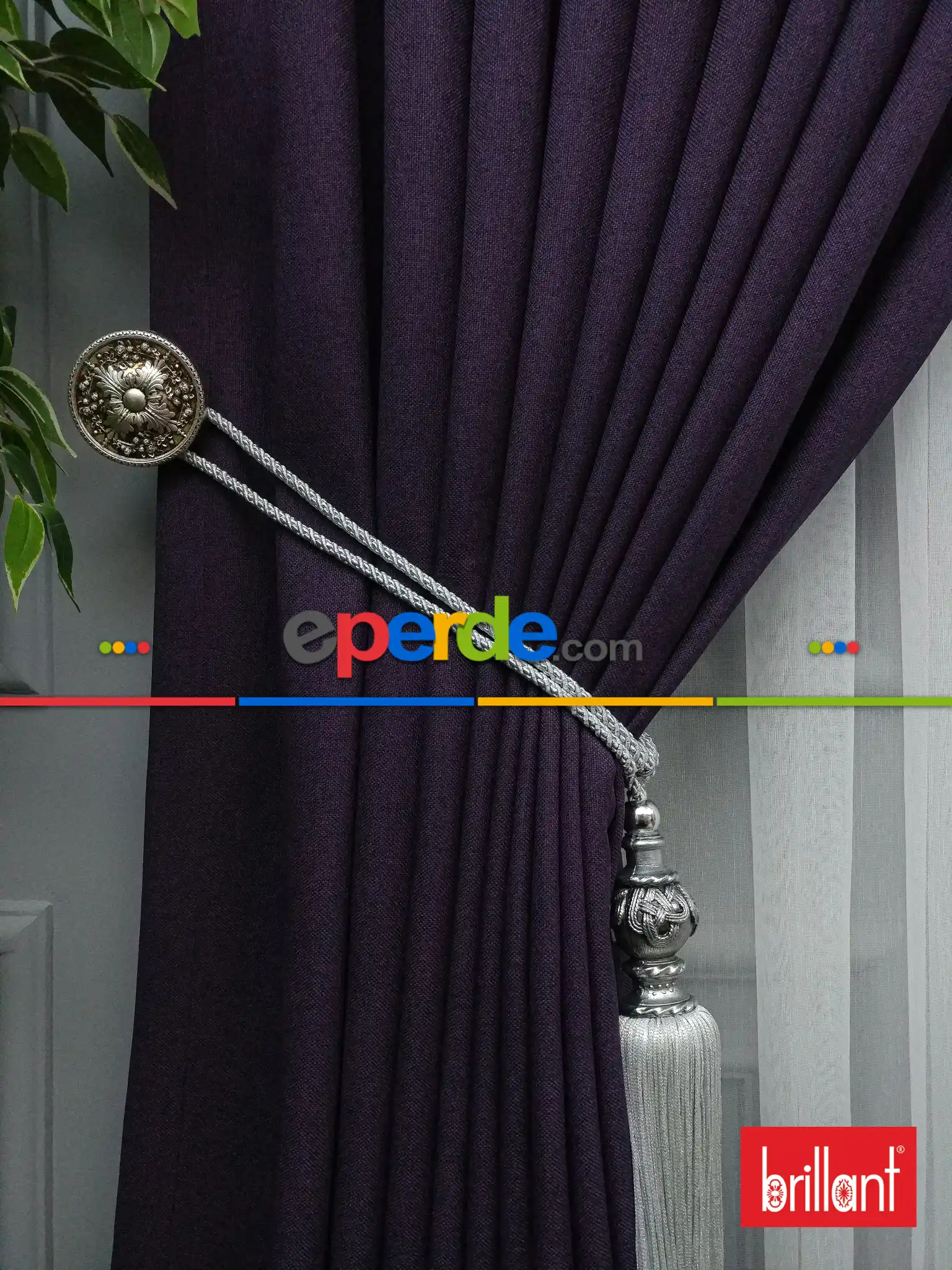 Salon Fon - Brillant Keten Mor Renk Düz Fon Perde - Mor Patlıcan Moru