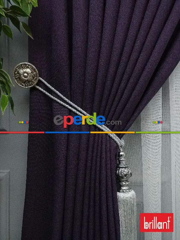 Yatak Odası - Brillant Keten Mor Renk Düz Fon Perde - Mor Patlıcan Moru