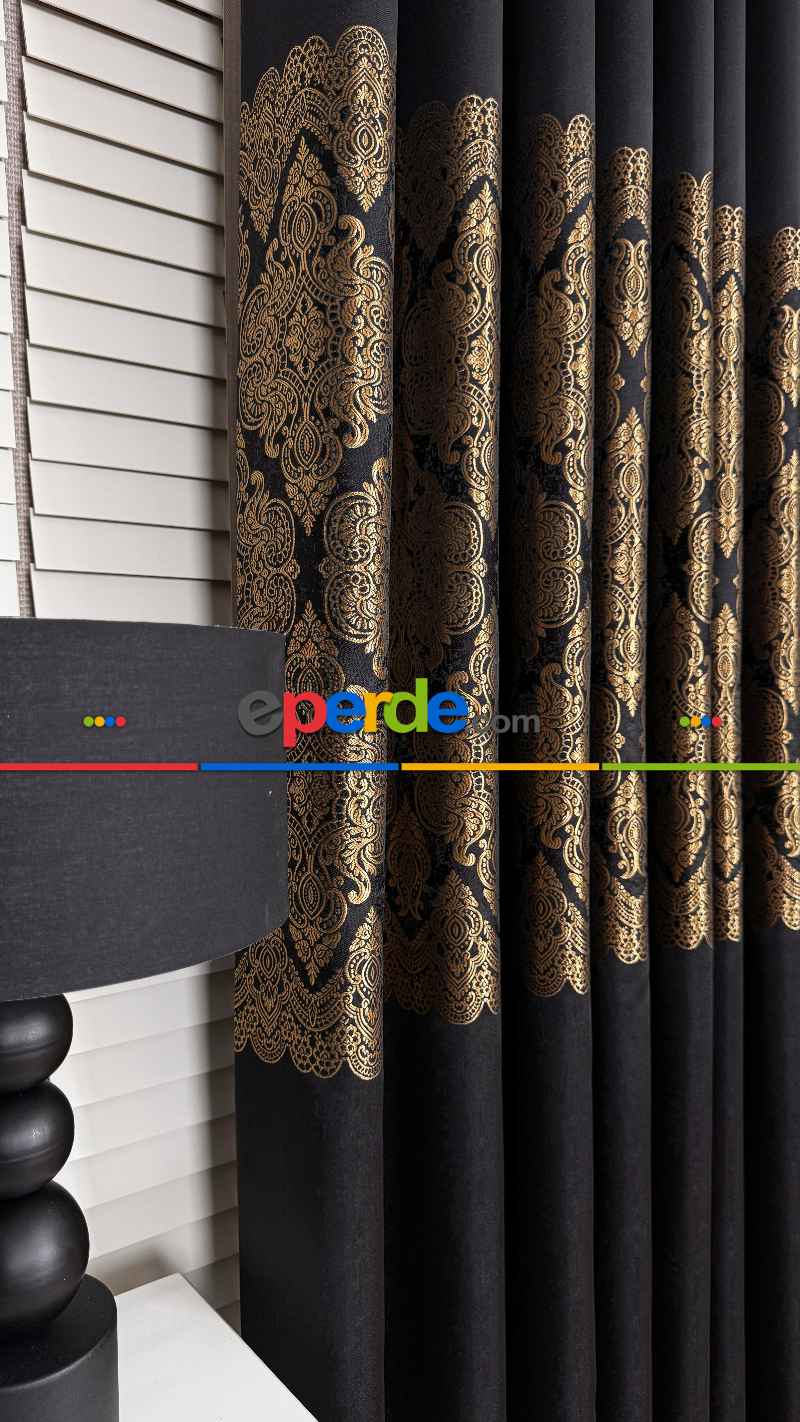 Siyah Altın Fon Perde, Damask Desenli, Pano Fon Perde