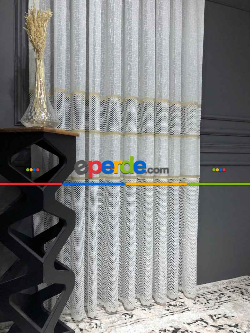 Altın Çizgili Tül Perde - Spor Desenli - Tül Perde - Örme Tül Perde - Ütü İstemeyen