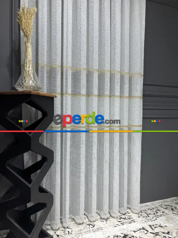 Salon - Aplik, Jakar, Eteği Bordürlü, Tül Perde - Ekru/gold