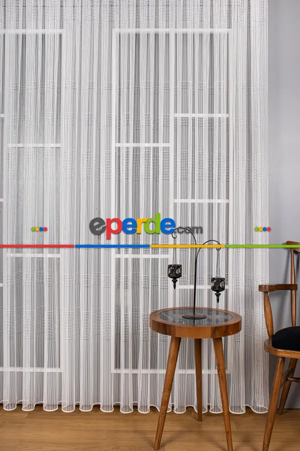 Zincir Çizgili Tül Perde - Ekru - Kurşunlu Tül