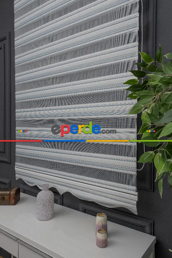 Mavi Krem Gümüş Simli Plise Zebra Perde