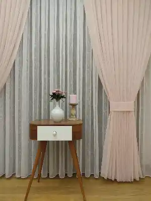 Metre İle Satış - Dolgulu Keten Yüksek Gramajlı Düz Tül Perde Kumaşı - Dikişsiz- Pembe Pudra Pembe