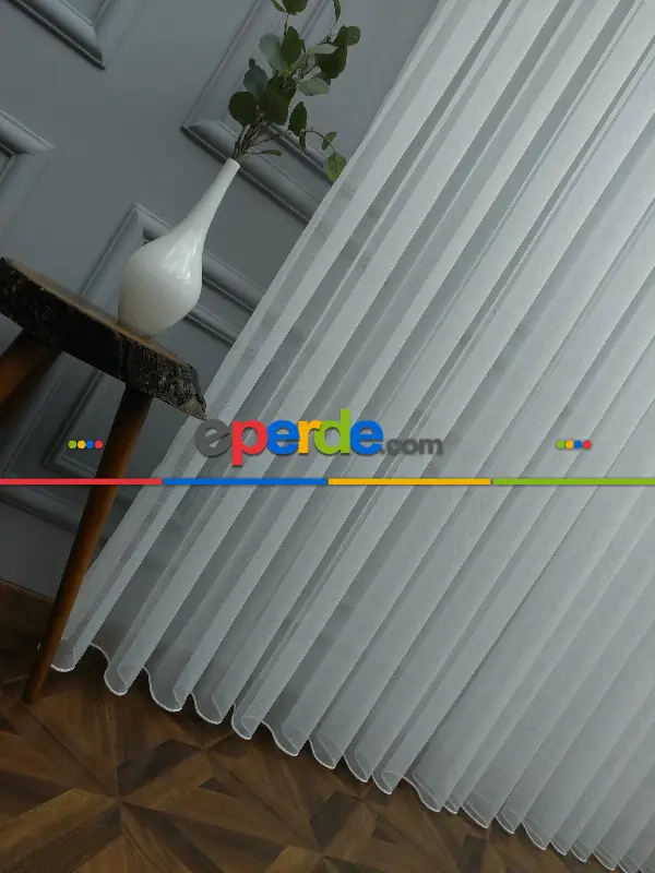 Salon - Düz Buzlu Zemin Tül - Keten Efektli İplikten Ekru Tül - Ütü İstemez- Ekru