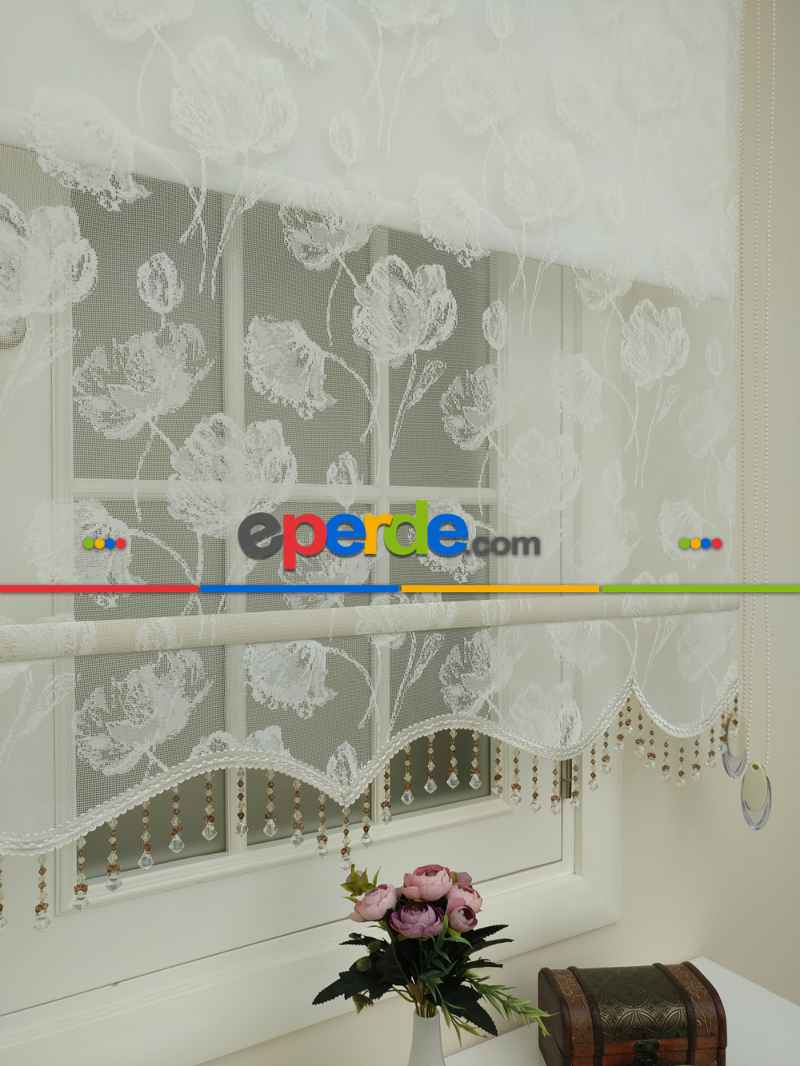 Çiftli Sistem Tül Ve Stor Perde - Lale Desen- Krem Açık-ekru