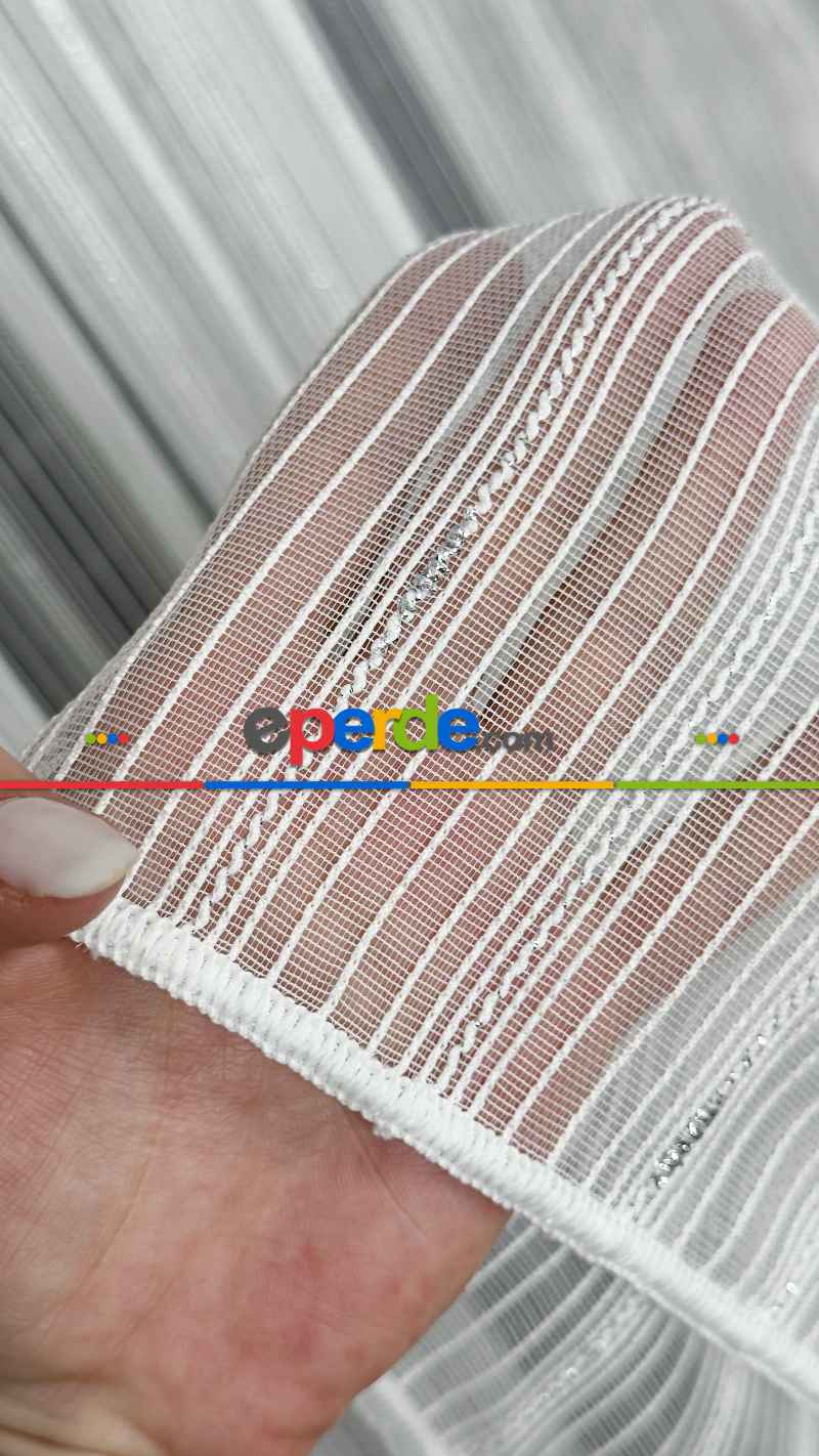 Ekru Zincir Çizgilli Gümüş Simli Tül Perde