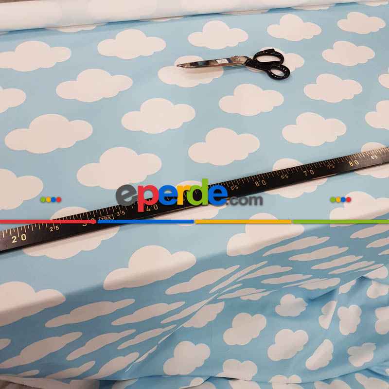 Bulut Desenli Fon Perde Evm484-1 Kumaşı Kalındır Duck Bezi Değildir- Beyaz-Mavi Açık