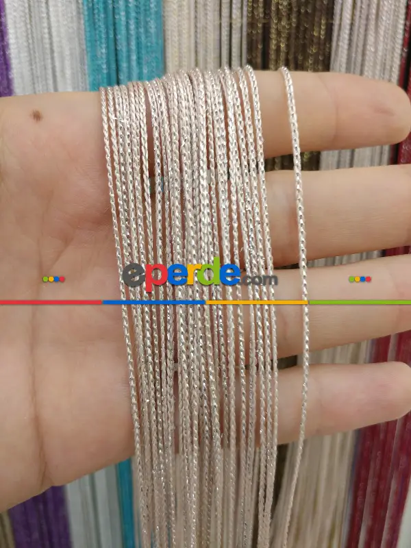 Mutfak İp Perde - Açık Pembe Rengi İp Perde İnce Zincir Simli Serisi- Pembe-gümüş