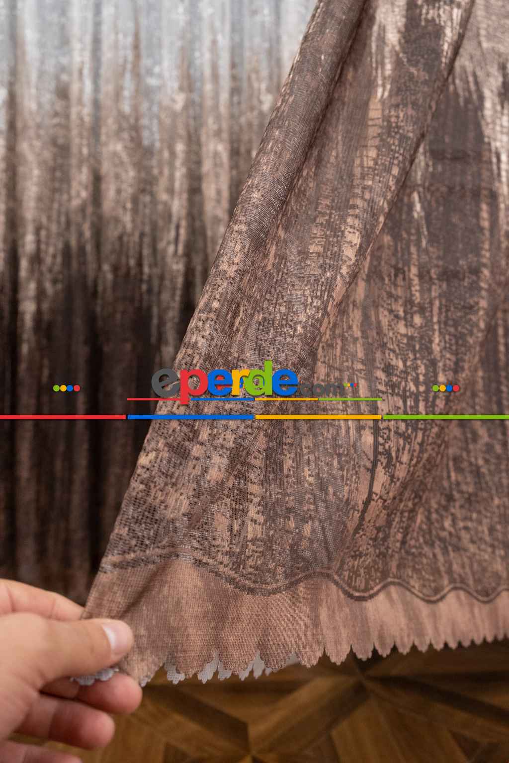 Hazır Ölçülü Modern Koyu Kahverengi Desenli Degrade Geçişli Yüksek Kalite Örme Tül Perde