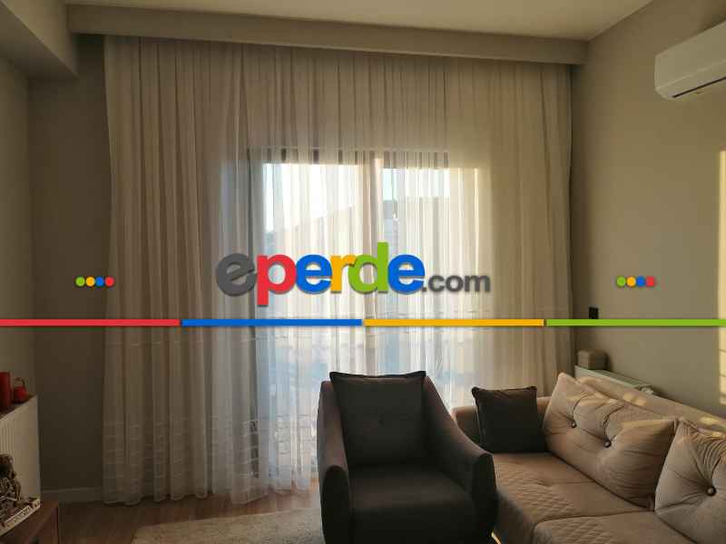 Salon - Bambu Vakko Enine Bantlı Tül Ekru