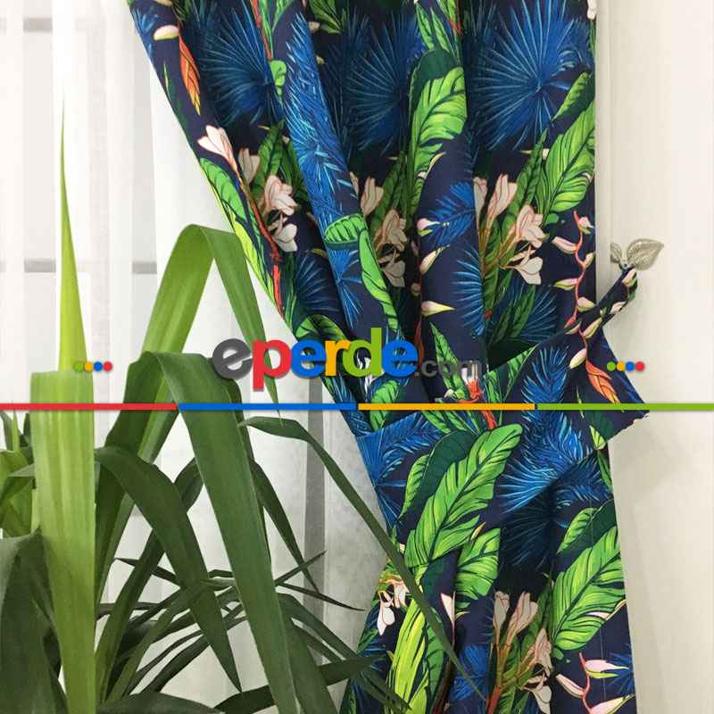 Tropikal Desenli Fon Perde Evm1107 Kumaşı Kalındır Duck Bezi Değildir- Yeşil-Beyaz