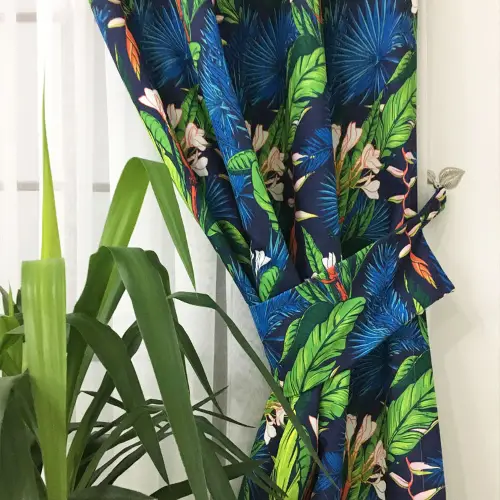 Tropikal Desenli Fon Perde Evm1107 Kumaşı Kalındır Duck Bezi Değildir- Yeşil-Beyaz