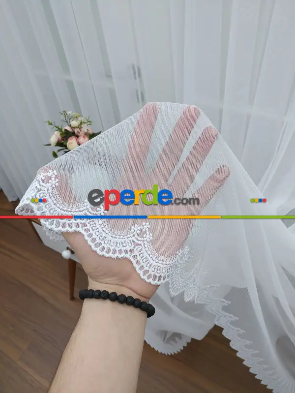 Ekru Fransız Etek Ucu Güpür İşlemeli Salon Perdesi 2025 Trend Model- Ekru Renk