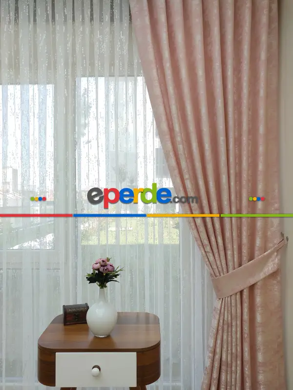 Patinedesenli Pudra - Katyonik Jakar Fon Perde- Pudra