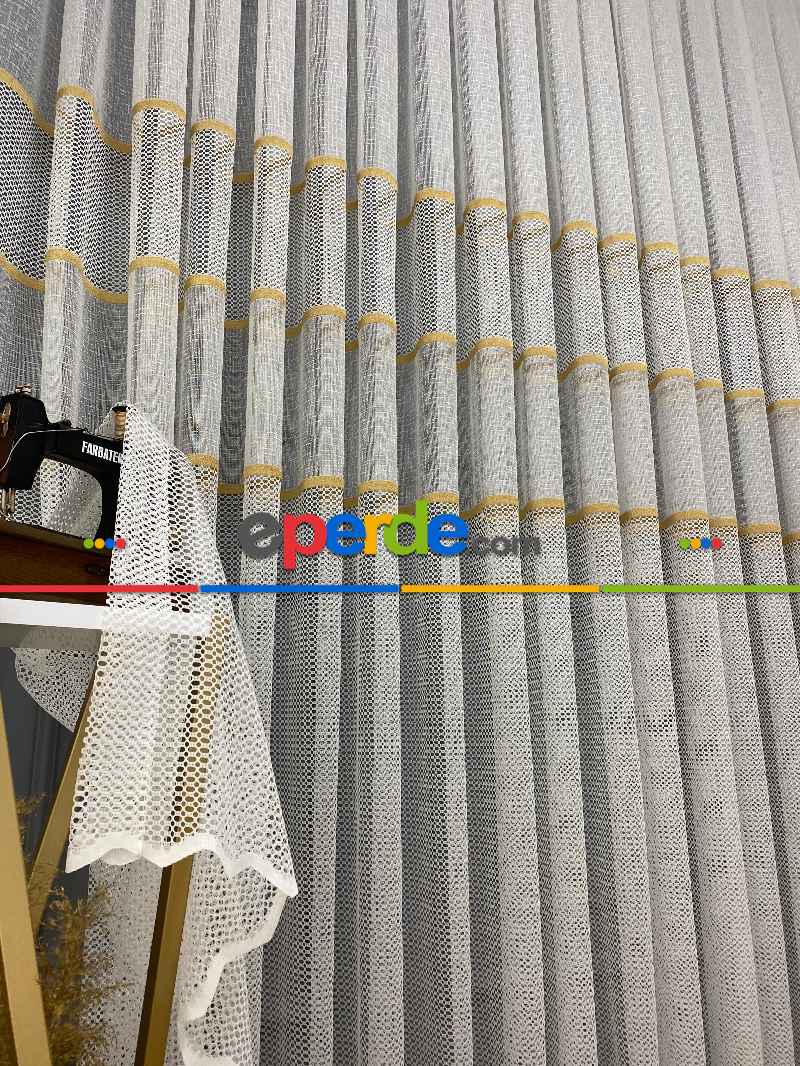 Yatak Odası - Milano Gold Altın Ara Bantlı Yeni Tasarım Tül Perde