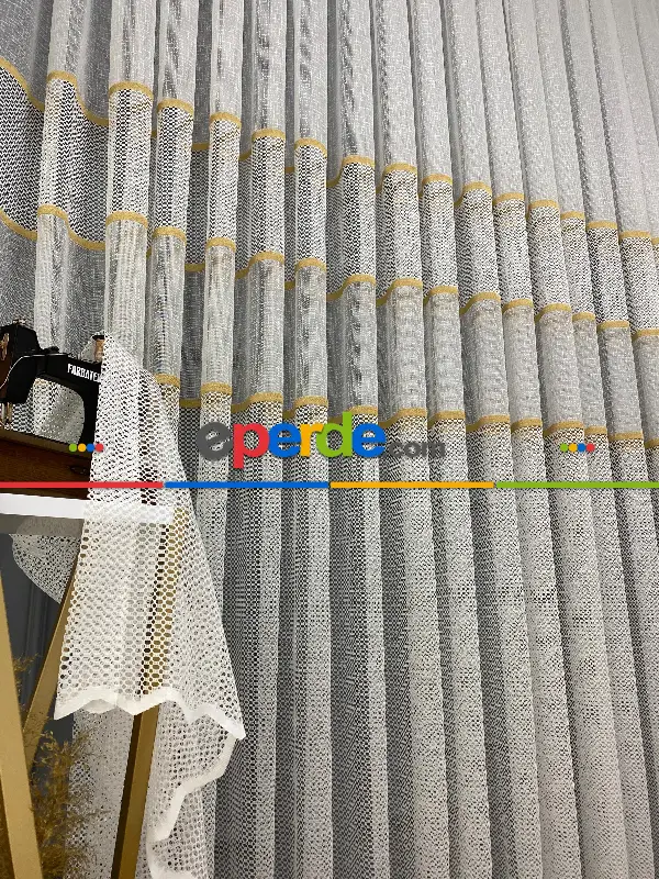 Salon - Milano Gold Altın Ara Bantlı Yeni Tasarım Tül Perde