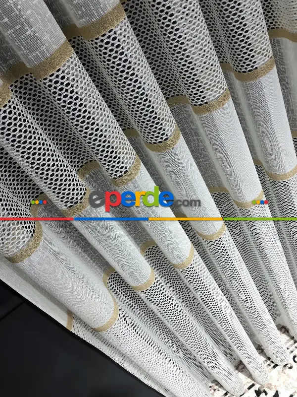 Salon - Aplik Jakar Eteği Bordürlü Tül Perde Tek Kanat - Ekru/gri