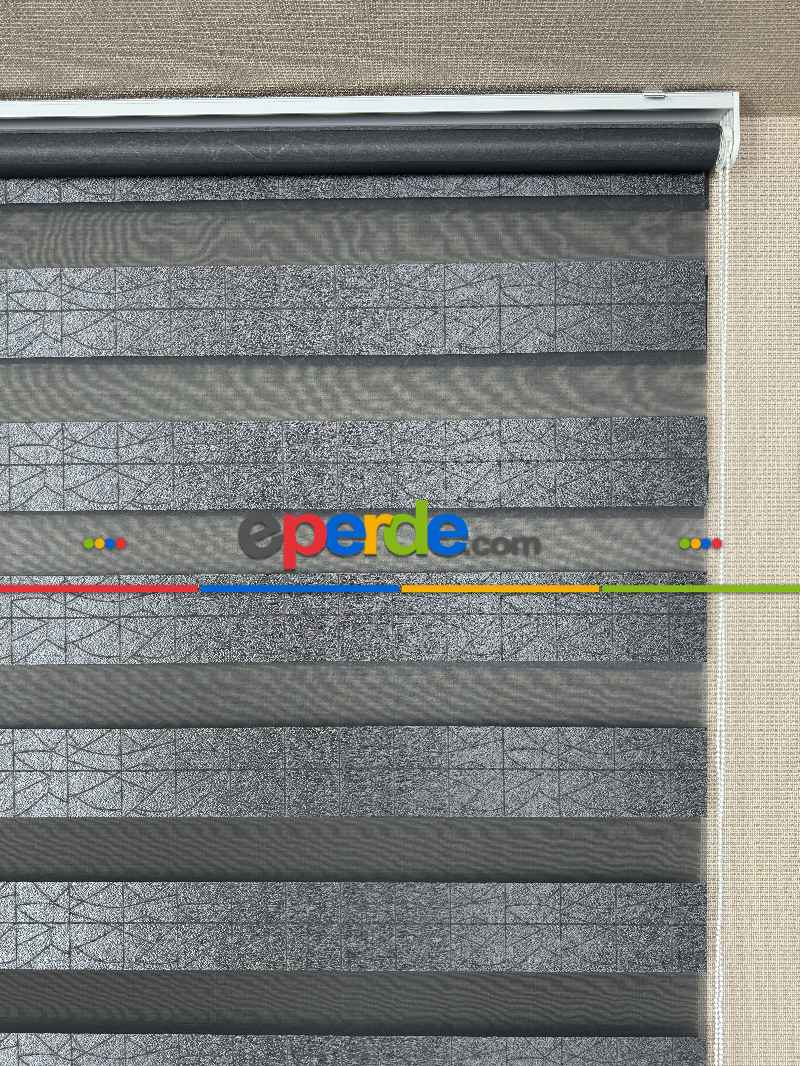 Mutfak Parlak Antrasit Gri Geometrik Jakar Dokuma Zebra Perde, Standart Metal Kasalı Yüksek Kalite Kornişe Kolay Montaj Seçenekli