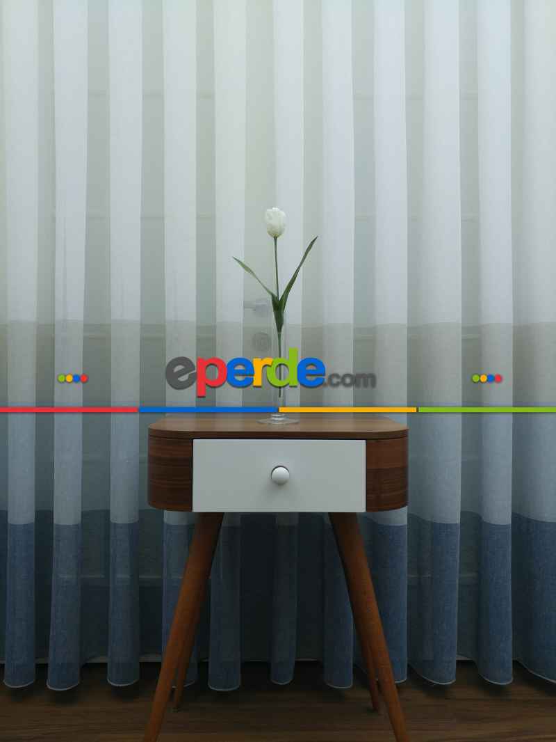 Oturma Odası - Keten Tül Degrade Perde- Mavi-krem