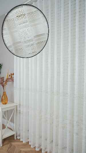 Ekru Enine Bantlı Çizgili Tül Perde, Ağır Gramajlı Premium Seri
