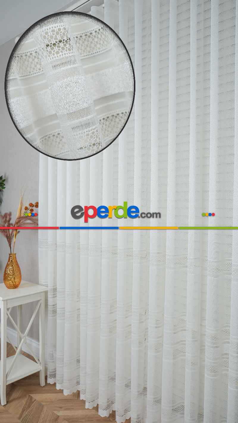 Ekru Enine Bantlı Çizgili Tül Perde, Ağır Gramajlı Premium Seri