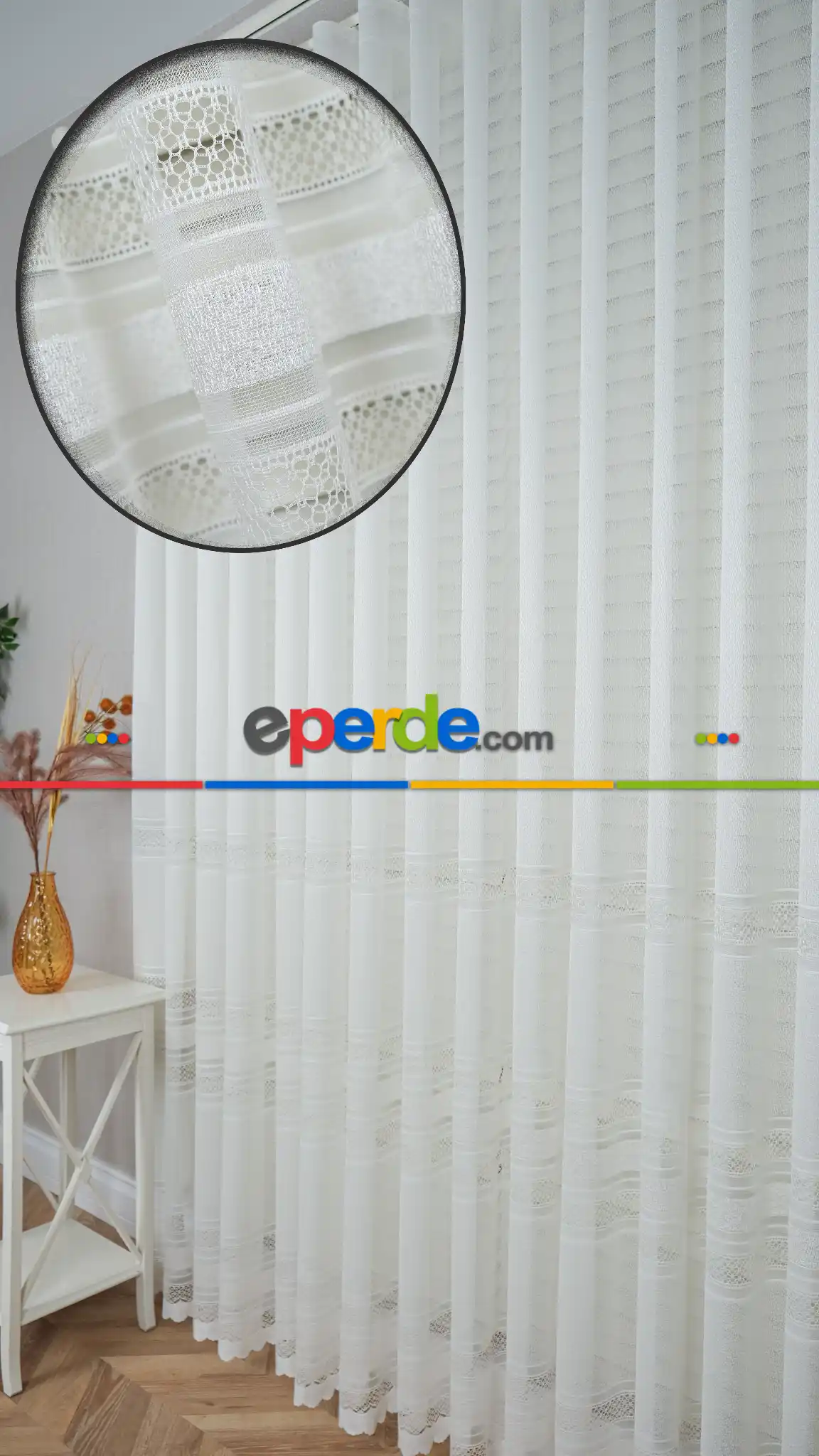 Ekru Enine Bantlı Çizgili Tül Perde, Ağır Gramajlı Premium Seri