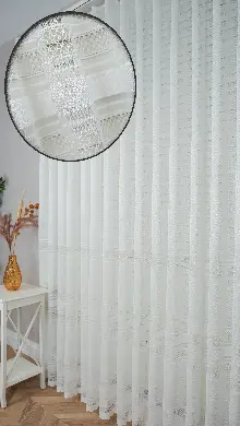 Ekru Enine Bantlı Çizgili Tül Perde, Ağır Gramajlı Premium Seri