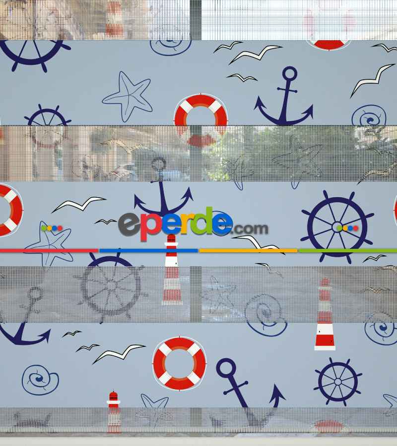 Çocuk Odası Zebra Perde - Denizci Desenli Baskılı Zebra Perde- Çok Renkli