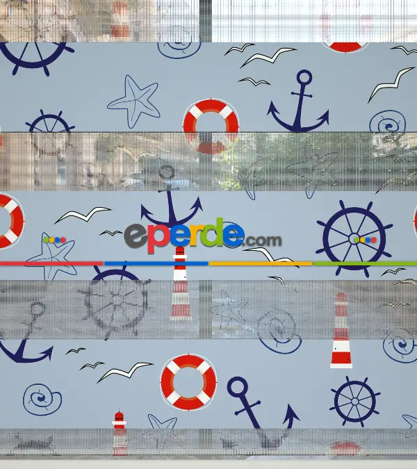 Bebek Odası Zebra Perde - Denizci Desenli Baskılı Zebra Perde- Çok Renkli