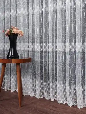 Şeritli Papatya Nakış İşlemeli Brode Tül Perde