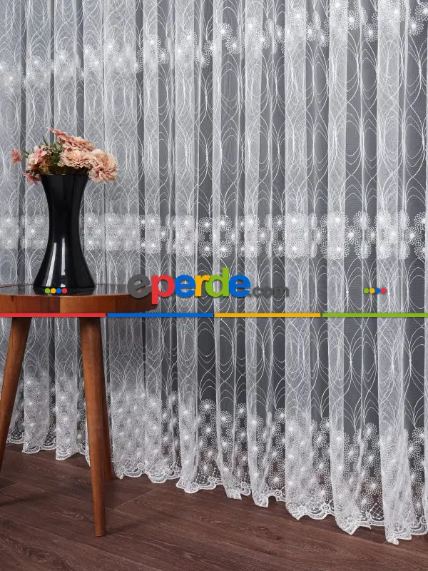 Şeritli Papatya Nakış İşlemeli Brode Tül Perde