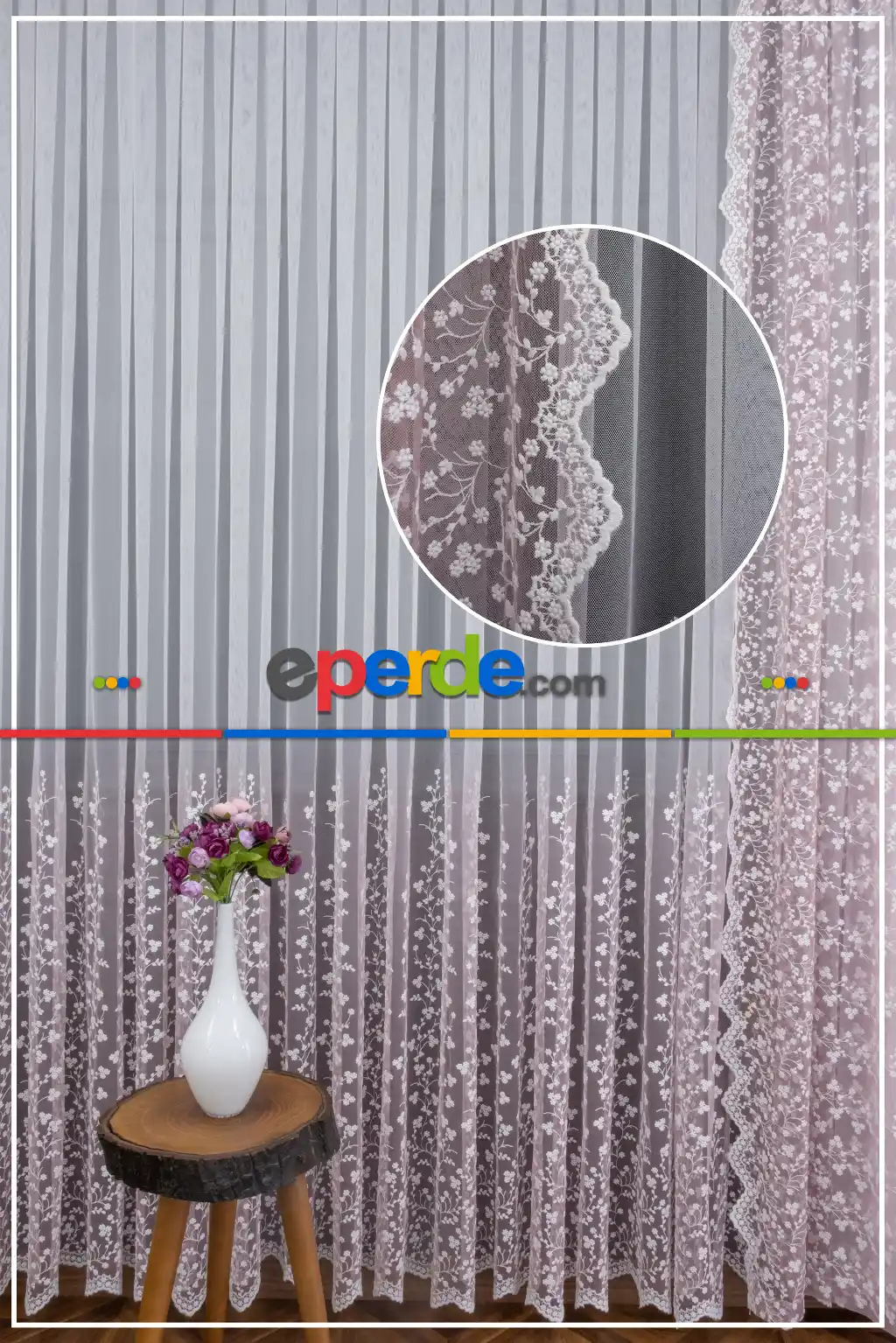 Pudra Pembe Beyaz Renk Geçişli Çiçekli Fon Perde 70cm X 280cm 