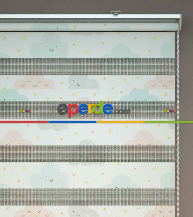 Bulut Desenli Baskılı Zebra Perde- Çok Renkli