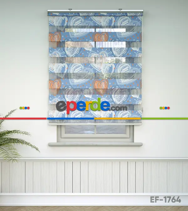 Çocuk Odası Zebra - Kalp Desenli Baskılı Zebra Perde- Çok Renkli