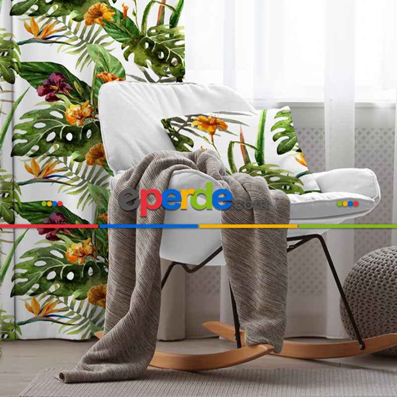 Tropikal Desenli Fon Perde Evim299 Kumaşı Kalındır Duck Bezi Değildir- Mavi-beyaz