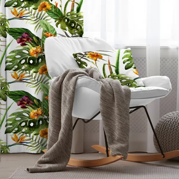 Tropikal Desenli Fon Perde Evim299 Kumaşı Kalındır Duck Bezi Değildir- Mavi-beyaz