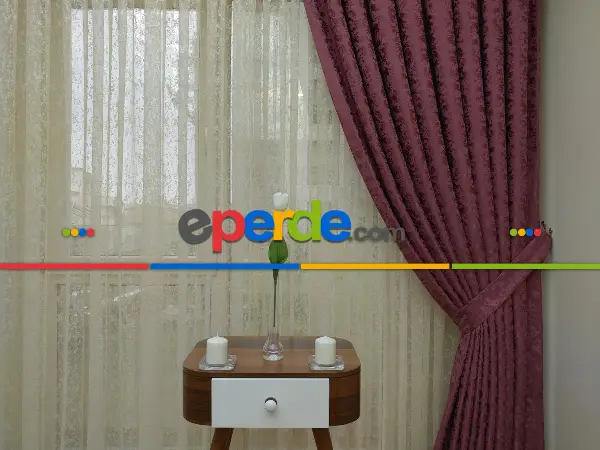 Koyu Gül Rengi Rengi Kendinden Desenli Jakar Fon Perde (285 En)- Gül Kurusu