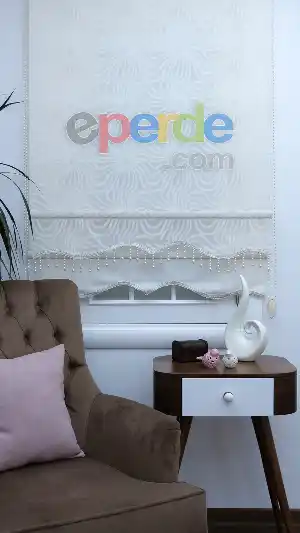 Ekru Desenli Çiftli Sistem Stor Perde- Krem Açık