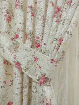 Gül Desenli Baskılı Fon Perde- Bej-Gül Kurusu-Ekru