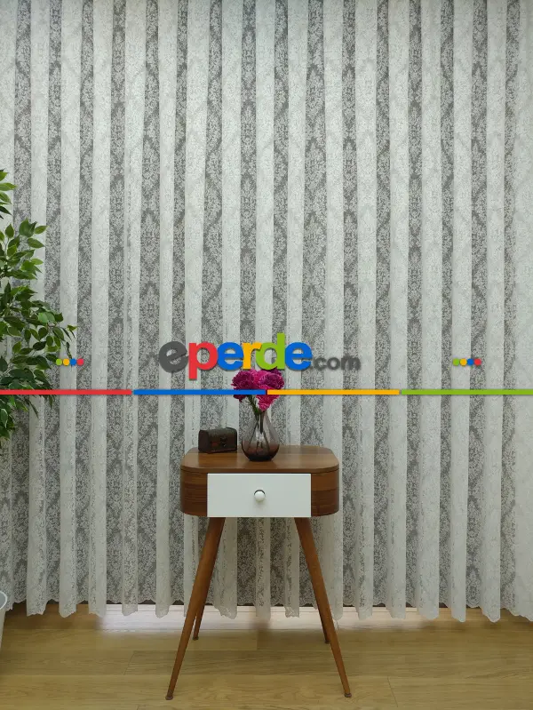 Kdk Örme Dantel Damask Desenli Tül Perde - Krem - Ekru