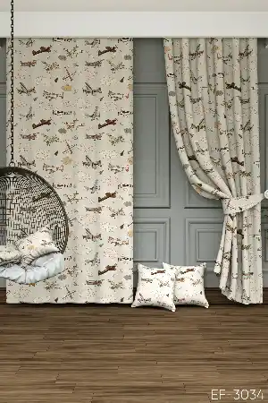 Dökümlü Kumaştan Bebek Odası - Renkli Uçaklar Baskılı Fon Perde- Gri-füme-antrasit-ekru-kahve