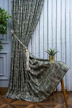 Patinedesenli Carmen Jakar Dokuma Fon Perde- Yeşil-bej