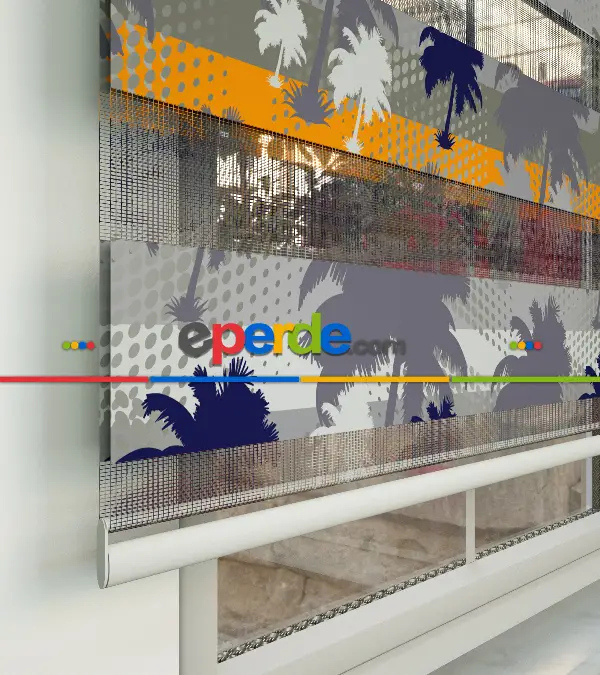 Genç Odası - Palmiye Desen Baskılı Zebra Perde- Lacivert-gri-füme-antrasit-turuncu