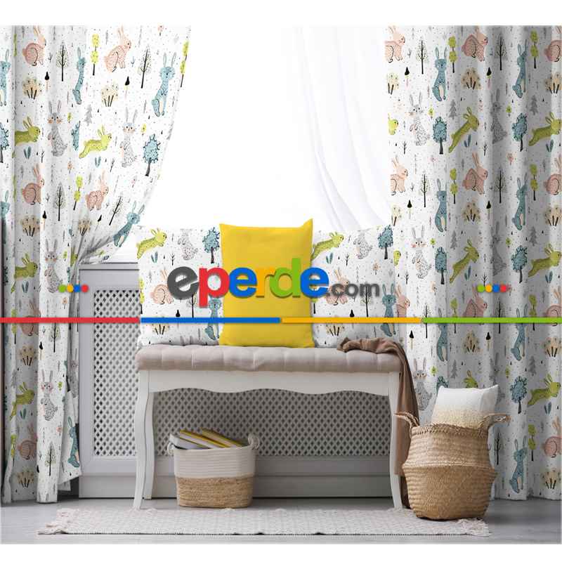 Hayvan Desenli Fon Perde Evim822 Kumaşı Kalındır Duck Bezi Değildir- Mavi-beyaz