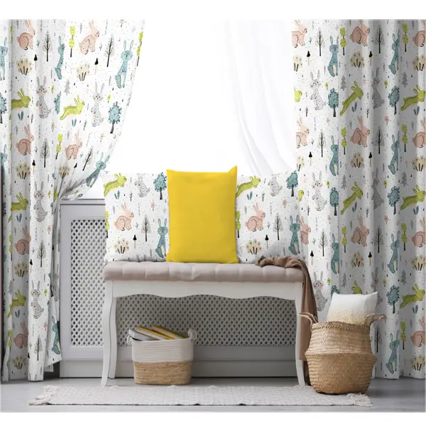 Kız, Erkek, Çocuk ve Bebek Odası Fon Perde - Orman ve Tavşan Desenli - Yavruağzı Gri Mavi Yeşil