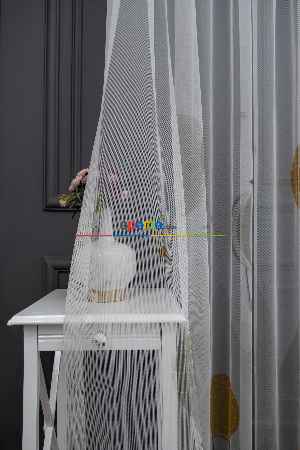 Hazır Ölçülü Petek Zemin Hardal Ve Krem Renkli Balon Desenli Grek Baskılı Tül Perde