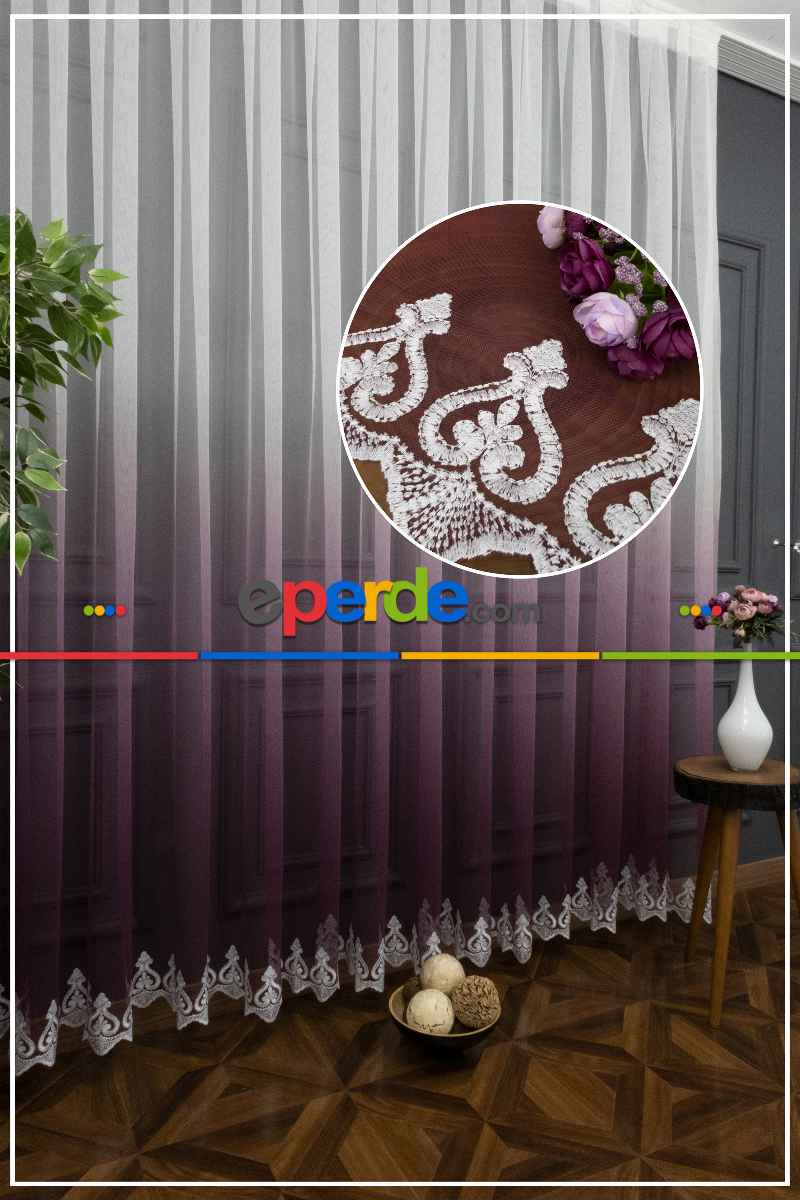 Mürdüm Tül Yarım Renkli Degrade Tül Renkli Tül